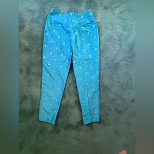 Sylvia Heisel Teal Straight-Leg Pants with Yellow Floral Embroidery